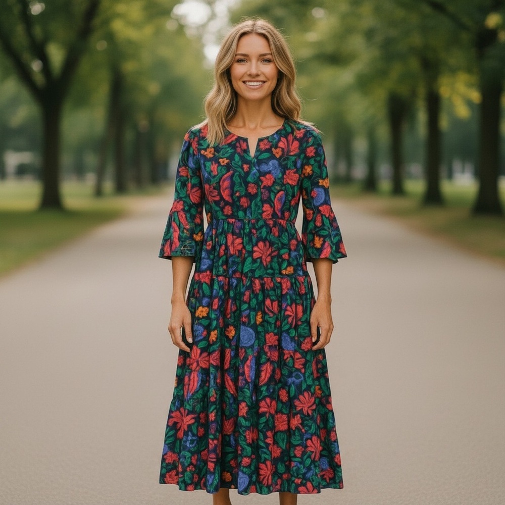 NWT Leota Sariah 3/4 Sleeve Floral‎ Cotton Poplin Maxi Dress Spring Summer